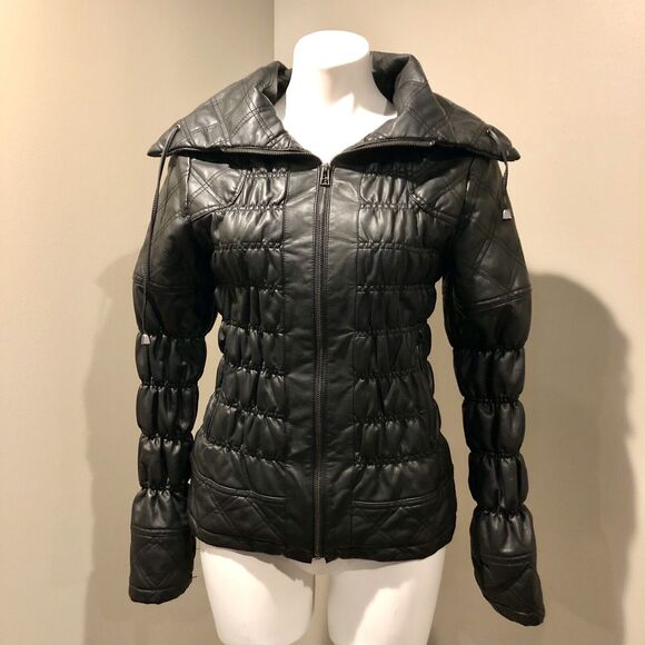 Katherine Barclay Faux Leather Coat Small Black Puffer Stretch Funnel Neck - Picture 2 of 14